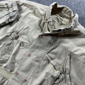 Vtg Unionbay Button Up Shirt Mens L Tan Safari Fishing Multi Pocket Cotton Flaw